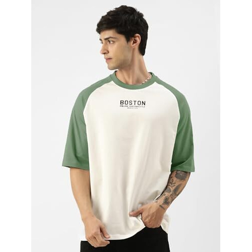 Maniac Mens Printed Round Neck Raglan Half Sleeve White And Hunter Greencotton Oversized Tshirt