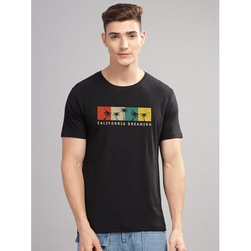 Adro Mens Printed T Shirt | The Super Soft Tshirt In India| Pure Cotton Lycra Breathable Fabric| 4 Way Stretch Smart Tech Fabric| Round Neck T-Shirt (Also In Plus Size) Rn25-St-Cldm-Bl-M Black