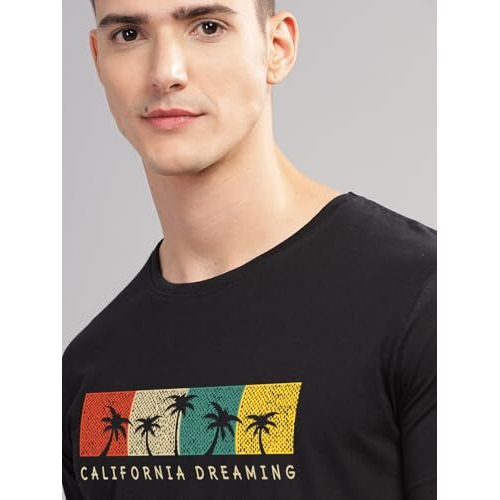 Adro Mens Printed T Shirt | The Super Soft Tshirt In India| Pure Cotton Lycra Breathable Fabric| 4 Way Stretch Smart Tech Fabric| Round Neck T-Shirt (Also In Plus Size) Rn25-St-Cldm-Bl-M Black