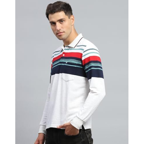 Monte Carlo Mens Striped Navy Blue & White Collar Neck Full Sleeve T-Shirt (224066018-1-42)