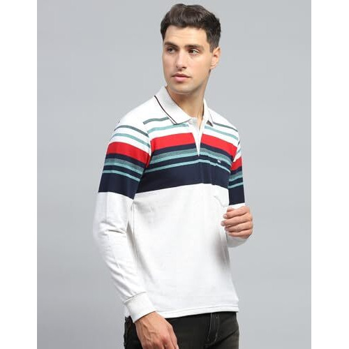 Monte Carlo Mens Striped Navy Blue & White Collar Neck Full Sleeve T-Shirt (224066018-1-42)