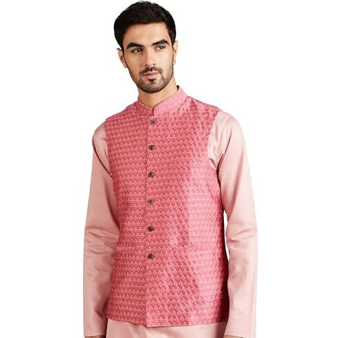 Amazon Brand - Symbol Men's Nehru Jacket With Band Collar & Button Closure L.Pink1 L