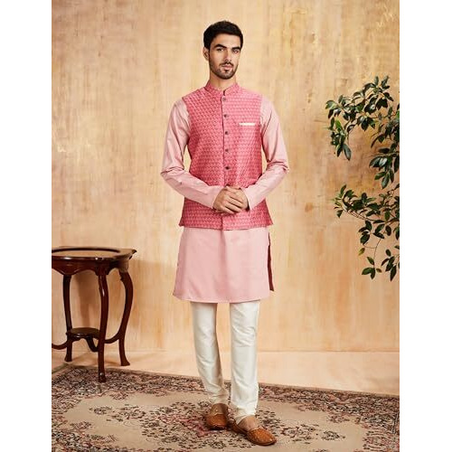 Amazon Brand - Symbol Men's Nehru Jacket With Band Collar & Button Closure L.Pink1 L