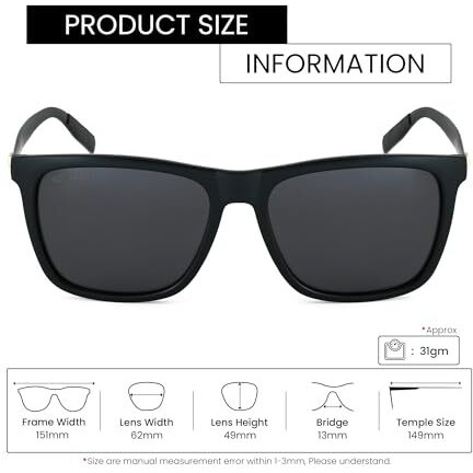 Royal Son Unisex Adult Square Sunglasses Black Frame, Black Lens (Large, Pack Of 1 - Polarized)
