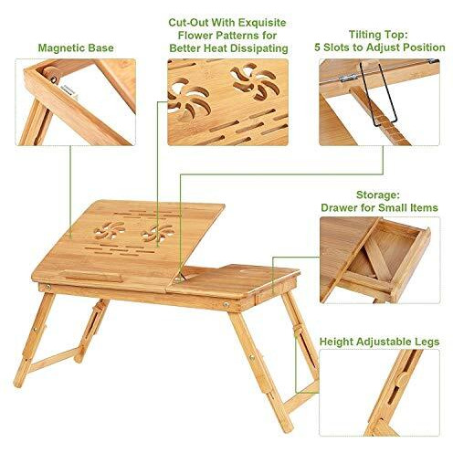 Snazzy Bamboo Laptop Desk, Adjustable Portable Breakfast Serving Bed Tray With Tilting Top Drawer For Surfing Reading Writing Eating (Bamboo) Wood, Beige, 30 X 50 X 22 Cm