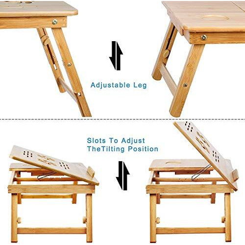 Snazzy Bamboo Laptop Desk, Adjustable Portable Breakfast Serving Bed Tray With Tilting Top Drawer For Surfing Reading Writing Eating (Bamboo) Wood, Beige, 30 X 50 X 22 Cm