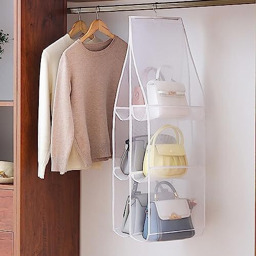 Wolpin 6 Pocket Foldable Handbag Organisers Cover Dustproof Wardrobe Storage Purse Organiser Hanging (90 X 35 Cm), White, Non Woven Fabric