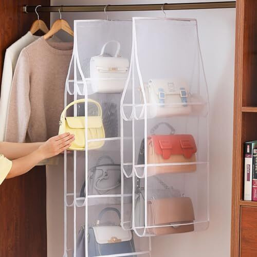 Wolpin 6 Pocket Foldable Handbag Organisers Cover Dustproof Wardrobe Storage Purse Organiser Hanging (90 X 35 Cm), White, Non Woven Fabric
