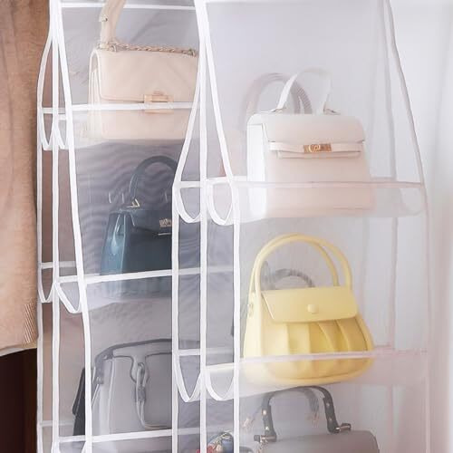 Wolpin 6 Pocket Foldable Handbag Organisers Cover Dustproof Wardrobe Storage Purse Organiser Hanging (90 X 35 Cm), White, Non Woven Fabric