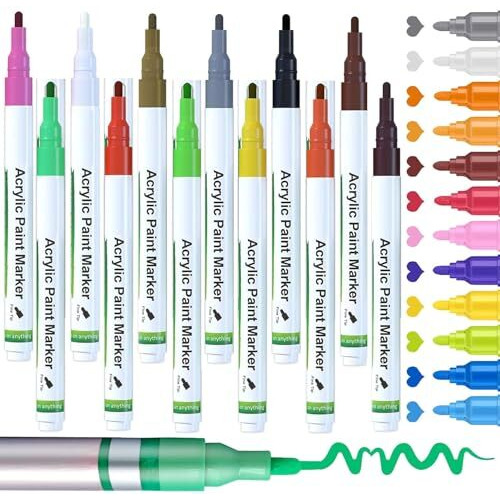 Amitasha 12 Art Markers Acrylic Paint Pens Colour Set For Rock Wood Painting, Art Craft Calligraphy Drawing Glass Fabric, Journal, Doodling, Writing Book, Perfect For Sketching