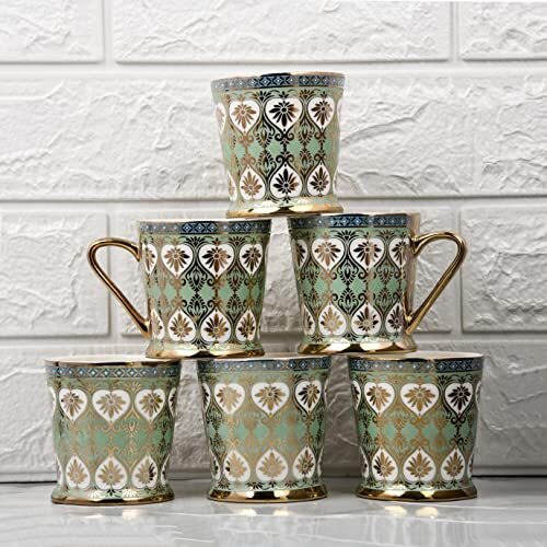 Femora Golden Leaves Pattern Golden Tea Mugs, Ceramic Tea Cups, Coffee Mugs (160 Ml, Gold) - 6 Pcs Set (Not Microwave Safe)