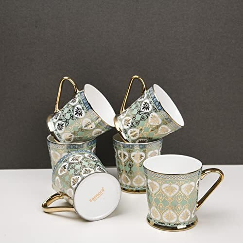 Femora Golden Leaves Pattern Golden Tea Mugs, Ceramic Tea Cups, Coffee Mugs (160 Ml, Gold) - 6 Pcs Set (Not Microwave Safe)
