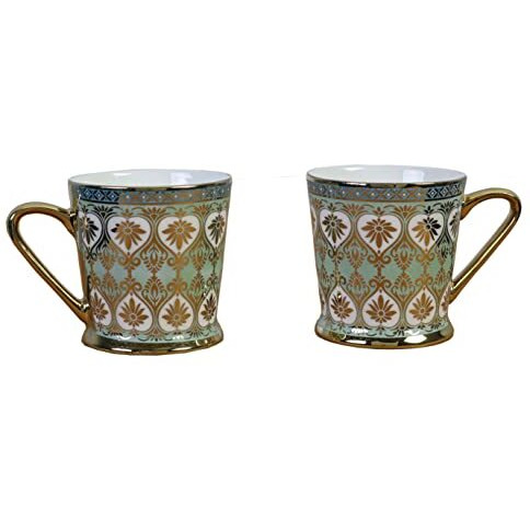 Femora Golden Leaves Pattern Golden Tea Mugs, Ceramic Tea Cups, Coffee Mugs (160 Ml, Gold) - 6 Pcs Set (Not Microwave Safe)