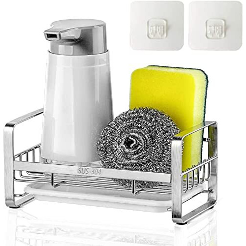 Topinon Sponge Holder,Sus304 Stainless Steel Rust Proof Soap Holder For Kitchen Sink,Kitchen Sink Organizer, Sink Caddy, Sink Tray Drainer Clothing Rack With Removable Tray, Silver