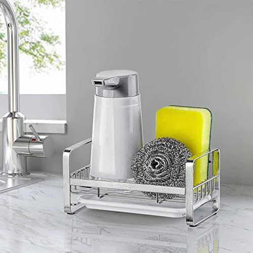 Topinon Sponge Holder,Sus304 Stainless Steel Rust Proof Soap Holder For Kitchen Sink,Kitchen Sink Organizer, Sink Caddy, Sink Tray Drainer Clothing Rack With Removable Tray, Silver