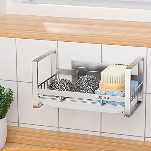 Topinon Sponge Holder,Sus304 Stainless Steel Rust Proof Soap Holder For Kitchen Sink,Kitchen Sink Organizer, Sink Caddy, Sink Tray Drainer Clothing Rack With Removable Tray, Silver