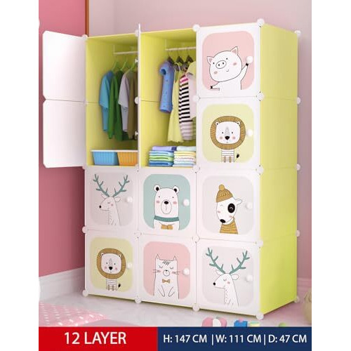 Sunderlook Plastic Wardrobe For Kids Clothes  12 Door Collapsible Wardrobe, Baby Cupboard, Cupboard For Kids, Baby Almirah For Clothes And Toys, Foldable Almirah For Clothes (Green Ktl2, 12 Door)