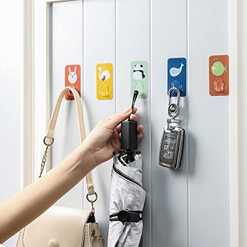 Wolpin Self Adhesive Wall Hooks Waterproof Adhesive Sticky Cartoon Hooks | Hanging Capacity 2 Kg Max | Multipurpose Home Storage (Colorful Hook, Pack Of 5 Pcs), MetalPolyvinyl Chloride