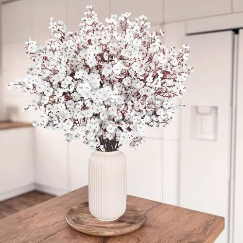 Tied Ribbons Silk Pack Of 5 Artificial Baby Breath Gypsophila Flower Sticks Bunches For Vase Pot Home Decoration (White) For Home Decor Living Room Side Table Centerpiece (Vase Not Included)
