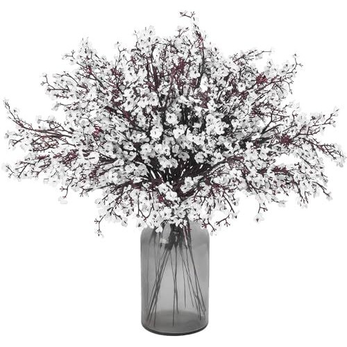 Tied Ribbons Silk Pack Of 5 Artificial Baby Breath Gypsophila Flower Sticks Bunches For Vase Pot Home Decoration (White) For Home Decor Living Room Side Table Centerpiece (Vase Not Included)