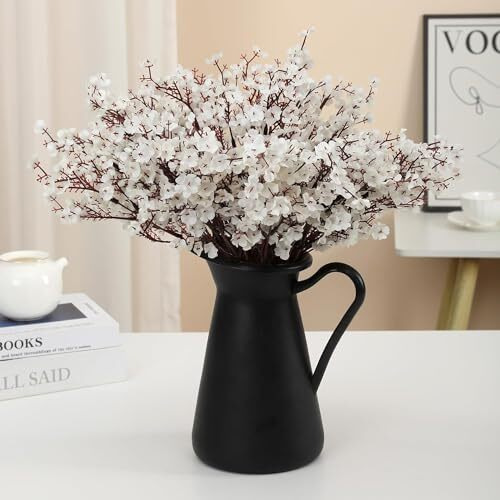 Tied Ribbons Silk Pack Of 5 Artificial Baby Breath Gypsophila Flower Sticks Bunches For Vase Pot Home Decoration (White) For Home Decor Living Room Side Table Centerpiece (Vase Not Included)