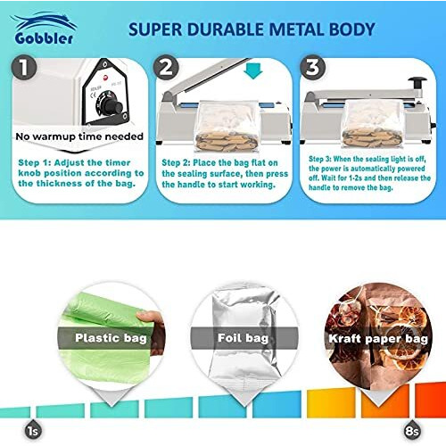 Gobbler 12" Inch 300Mm Impulse Sealer Electric Heat Sealing Machine For Plastic Bags - Durable Metal Body (Pfs-300 Mt)