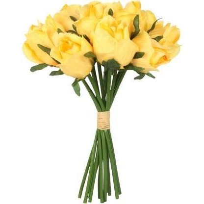 Tied Ribbons Set Of 12 Artificial Rose Flowers Bunches For Vase (24 Cm,Yellow)-Home Decoration Gift Items For Living Room Corner Table Top Bedroom Wedding Party Events (Pot Not Included) - Polyester