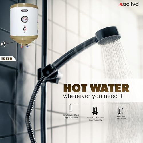 Activa 15 L Storage 2 Kva Special Anti Rust Coating 0.75 Mm Ss Tank Geyser With Temperature Meter Abs Top Bottom With Free Installation Kit And Adjustable Outer Thermostat 5 Years Warranty,Wall