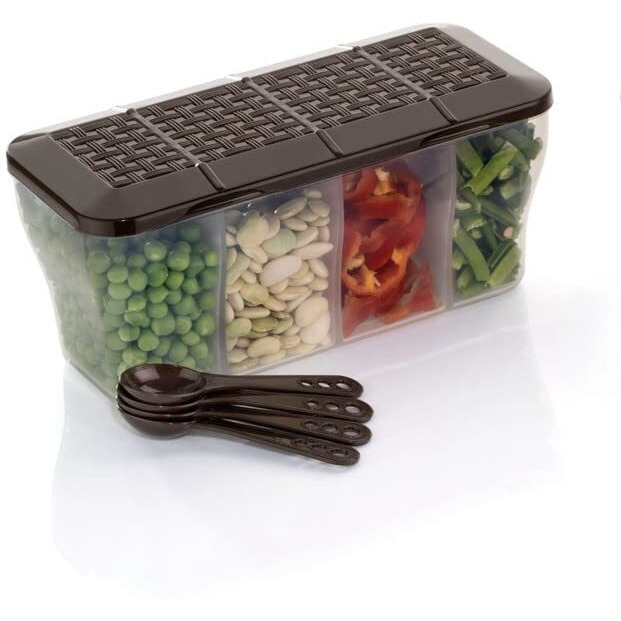 Happi Multipurpose Plastic 4 In 1 Masala Box For Kitchen, Spice Boxes For Kitchen, Transparent 4 Compartment Storage Containers Airtight Grocery, Dry Fruits Box 1800 Ml With 4 Spoons(Brown)