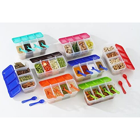 Happi Multipurpose Plastic 4 In 1 Masala Box For Kitchen, Spice Boxes For Kitchen, Transparent 4 Compartment Storage Containers Airtight Grocery, Dry Fruits Box 1800 Ml With 4 Spoons(Brown)