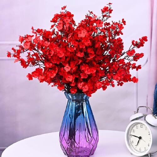 Tied Ribbons Silk Pack Of 5 Artificial Baby Breath Gypsophila Flowers Bunches For Vase Pot Home Decoration (Red) For Home Decor Living Room Side Table Centerpiece (Vase Not Included)