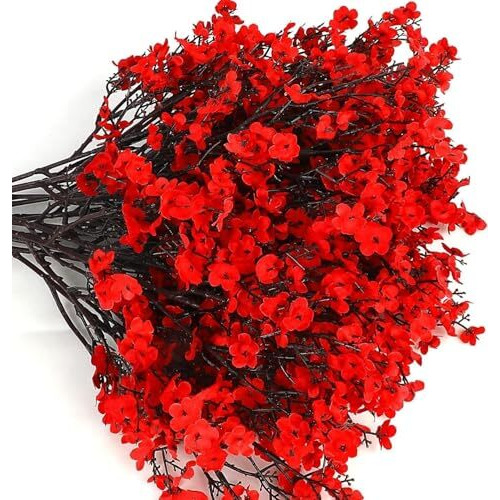 Tied Ribbons Silk Pack Of 5 Artificial Baby Breath Gypsophila Flowers Bunches For Vase Pot Home Decoration (Red) For Home Decor Living Room Side Table Centerpiece (Vase Not Included)