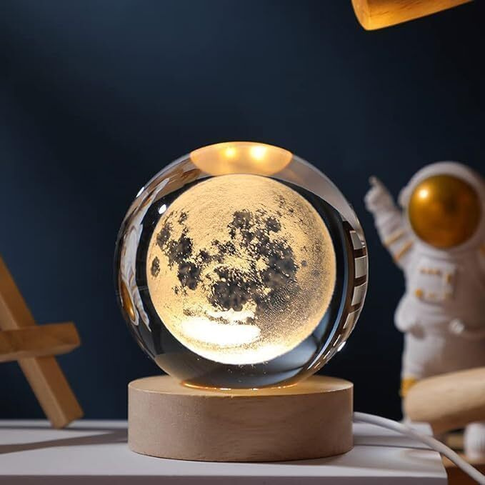Al- Falah 3D Moon Crystal Ball Planet Crystal Ball Night Light With Warm White Dimmable Led Wooden Base - Decorative Led Lamp For Home, Office, Bedroom, And Gift Giving