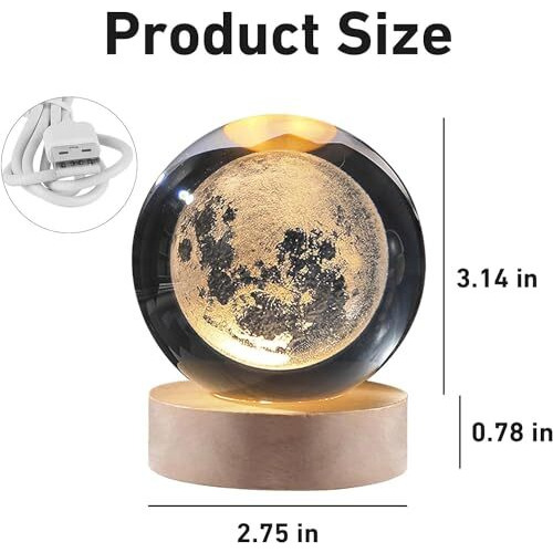 Al- Falah 3D Moon Crystal Ball Planet Crystal Ball Night Light With Warm White Dimmable Led Wooden Base - Decorative Led Lamp For Home, Office, Bedroom, And Gift Giving