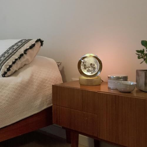 Al- Falah 3D Moon Crystal Ball Planet Crystal Ball Night Light With Warm White Dimmable Led Wooden Base - Decorative Led Lamp For Home, Office, Bedroom, And Gift Giving