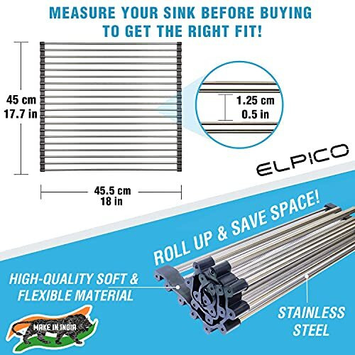 Elpico Roll Up Foldable Over The Sink Multipurpose Dish Drying Drainer Adjustable Rack For Washing Dishes -Stainless Steel (18 X 17.7 Inch) (45.5 X 45 Cm)