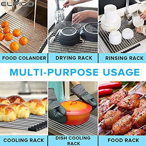 Elpico Roll Up Foldable Over The Sink Multipurpose Dish Drying Drainer Adjustable Rack For Washing Dishes -Stainless Steel (18 X 17.7 Inch) (45.5 X 45 Cm)