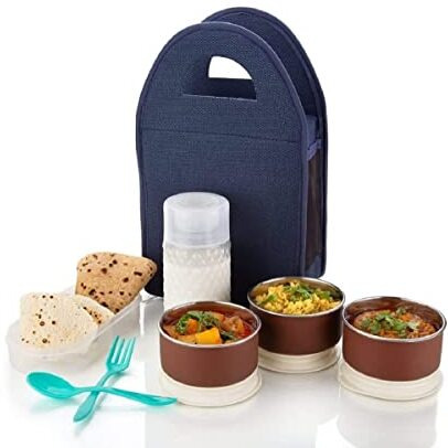 Juteri Tiffin Box-Lunch Box | 3 Stainless Steel Containers | Plastic Lid Box | Spoon & Fork | Insulated Fabric Bag | Leak Proof | Microwave Safe | Full Meal | Easy To Carry (Blue)