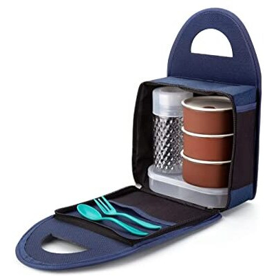 Juteri Tiffin Box-Lunch Box | 3 Stainless Steel Containers | Plastic Lid Box | Spoon & Fork | Insulated Fabric Bag | Leak Proof | Microwave Safe | Full Meal | Easy To Carry (Blue)