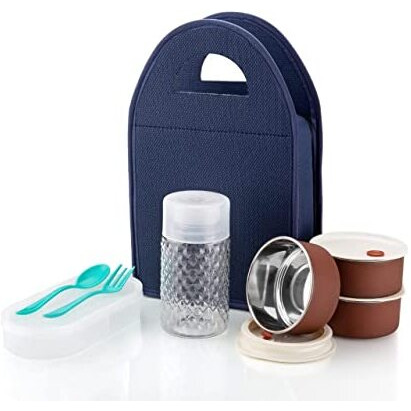 Juteri Tiffin Box-Lunch Box | 3 Stainless Steel Containers | Plastic Lid Box | Spoon & Fork | Insulated Fabric Bag | Leak Proof | Microwave Safe | Full Meal | Easy To Carry (Blue)