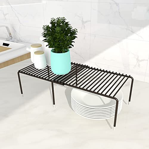 Wolpin Extendable Dish Rack/Storage Shelves For Tiered Floor Standing Or Tabletop Shelf Kitchen Cabinets/Plate Stand/Utensil Rack With Stainless Steel Multipurpose, Black