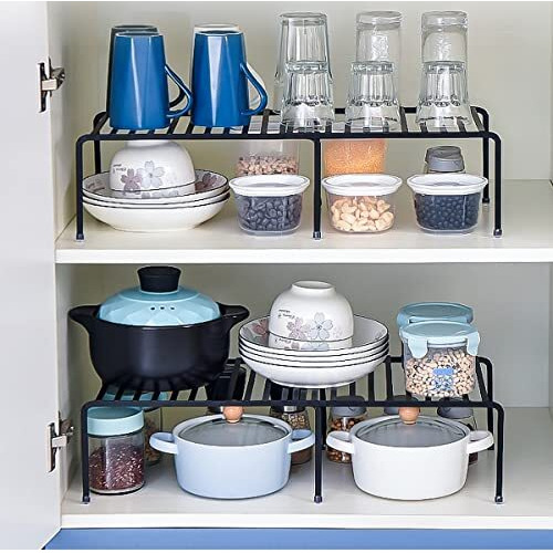 Wolpin Extendable Dish Rack/Storage Shelves For Tiered Floor Standing Or Tabletop Shelf Kitchen Cabinets/Plate Stand/Utensil Rack With Stainless Steel Multipurpose, Black