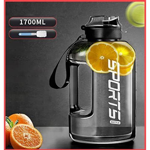 Wolpin Gym Sports Gallon Water Bottle (1.7 Litres) For Office, School, Gym Sipper Bottle For Adults Leakproof Durable Bpa-Free Non-Toxic Gallon Bottles For Men & Women Boys & Girls, Black (Plastic)