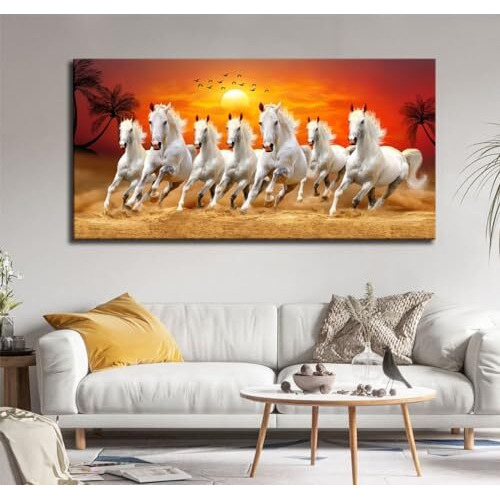 Aadee Craft Seven Running Horses At Sunrise Canvas Wall Painting With Wooden Framed For Living Room Drawing Room Hotel Office Size Large (48X24 Inches)
