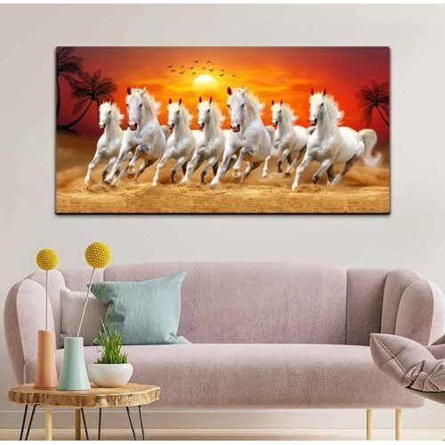 Aadee Craft Seven Running Horses At Sunrise Canvas Wall Painting With Wooden Framed For Living Room Drawing Room Hotel Office Size Large (48X24 Inches)
