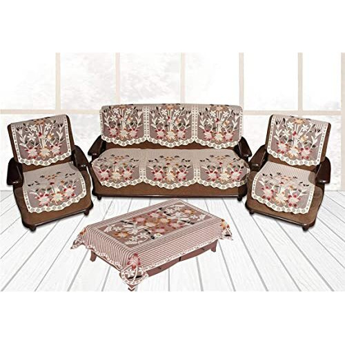 Yellow Weaves Polyester Floral 5 Seater Sofa Cover Set With 1 Center Table Cover (Off White) - 7 Pieces