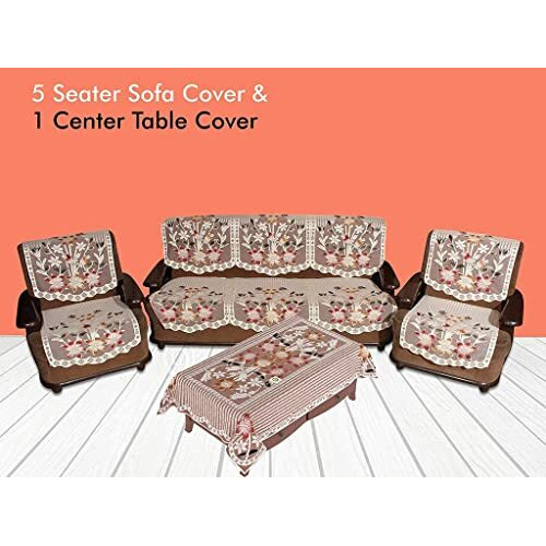 Yellow Weaves Polyester Floral 5 Seater Sofa Cover Set With 1 Center Table Cover (Off White) - 7 Pieces