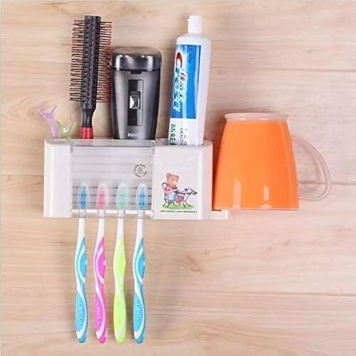 Inditradition Wall Hanging Toothbrush Toothpaste Holder | Multipurpose Bathroom Accessory Organizer (Plastic, White)