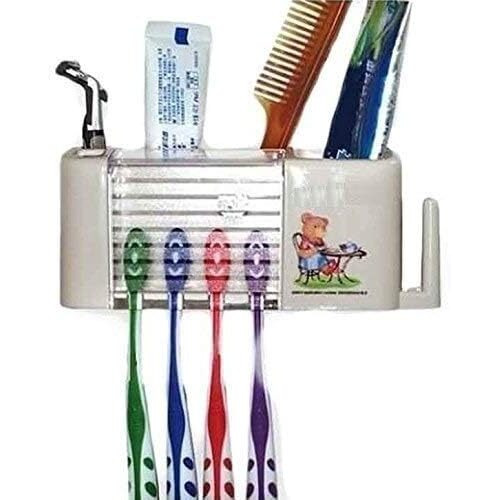 Inditradition Wall Hanging Toothbrush Toothpaste Holder | Multipurpose Bathroom Accessory Organizer (Plastic, White)