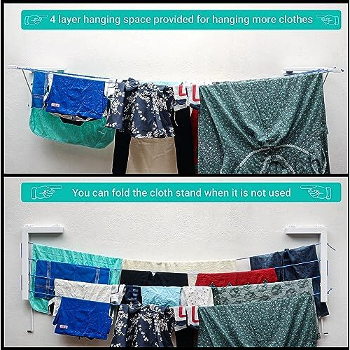 Livzing Foldable Wall Mount Cloth Drying Stand-Wall Stand For Cloth Dress Drying-Cloth Dryer Stand For Balcony-Collapsible Metal Wall Mount Space Saving Cloth Drying Rack-White